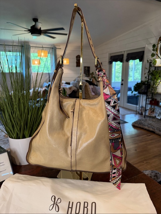HOBO Handbags - Hobo Beige Leather Hobo Bag with Patterned Scarf